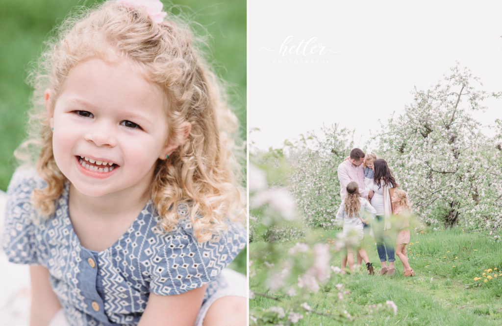 Rockford Michigan spring family photo session at an apple orchard with apple blossoms
