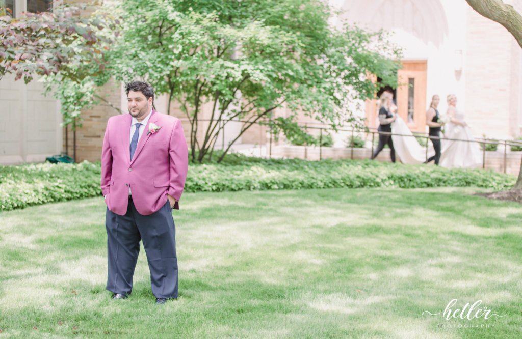 Downtown Grand Rapids wedding with navy and pink and dogs
