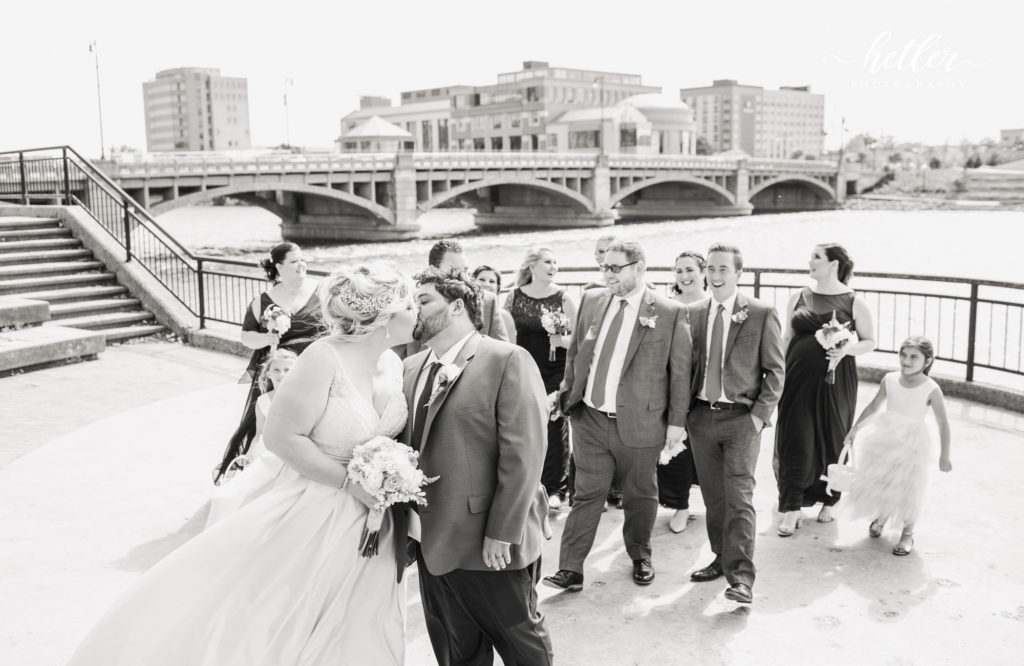 Downtown Grand Rapids wedding with navy and pink and dogs