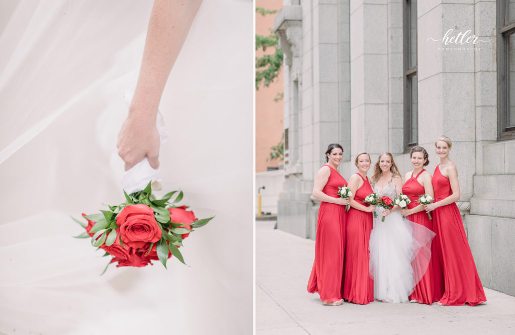 Downtown Grand Rapids CityFlats wedding with bridesmaids in red
