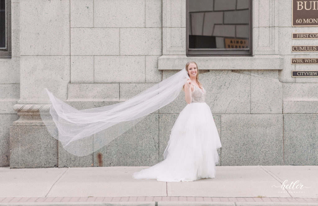 Downtown Grand Rapids CityFlats wedding with bride and cathedral veil
