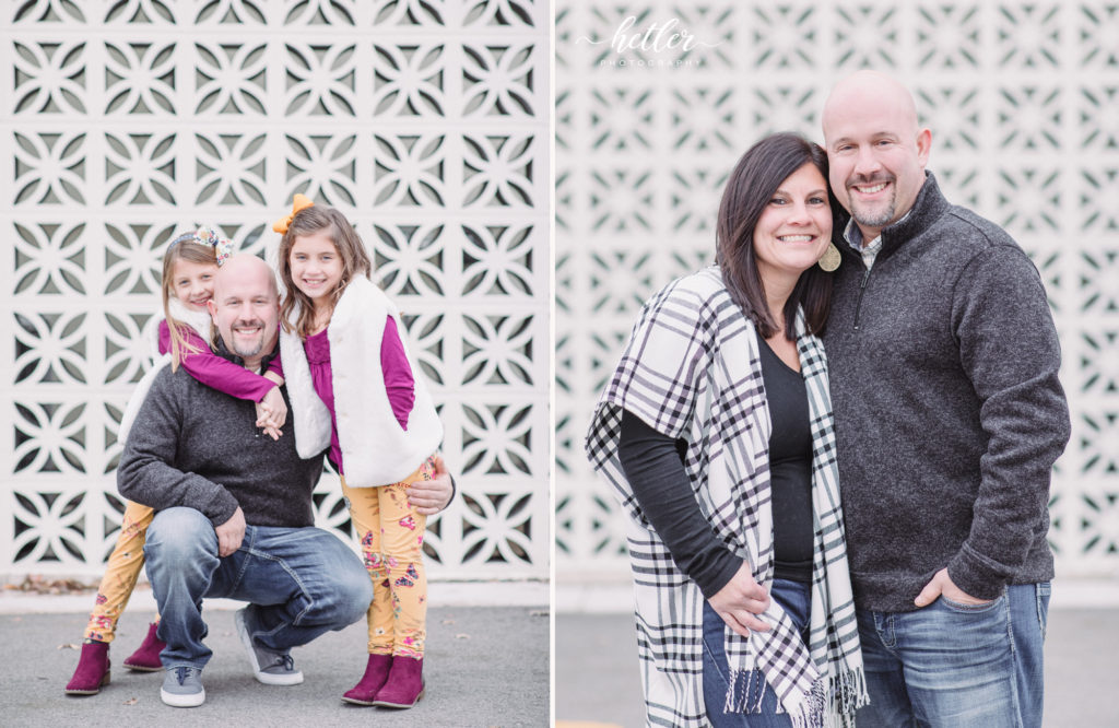 Downtown Grand Rapids fall family photos in the city in front of the white breeze block wall