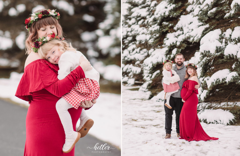 Grand Rapids winter maternity photo session with a red dress and a flower crown from Fleurology Designs