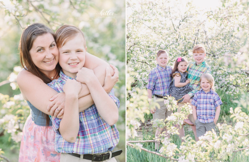 Grand Rapids, Michigan family photos at an apple orchard with apple blossoms