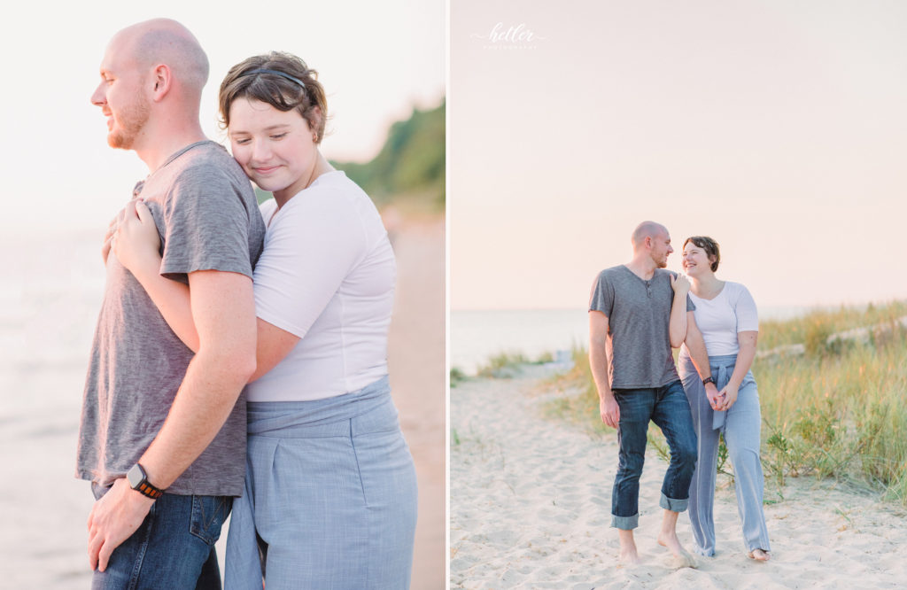 Muskegon beach engagement photos at PJ Hoffmaster park on a hot summer night with a soft and colorful sunset