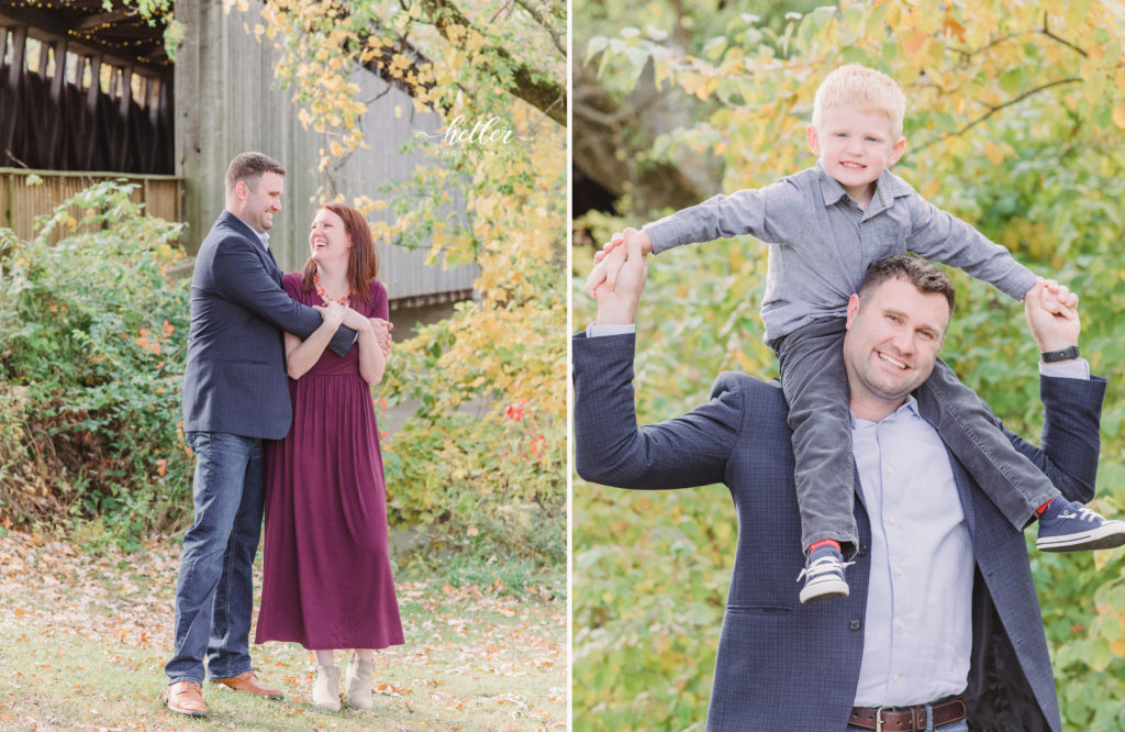 Extended family photos in the fall at the Ada covered bridge