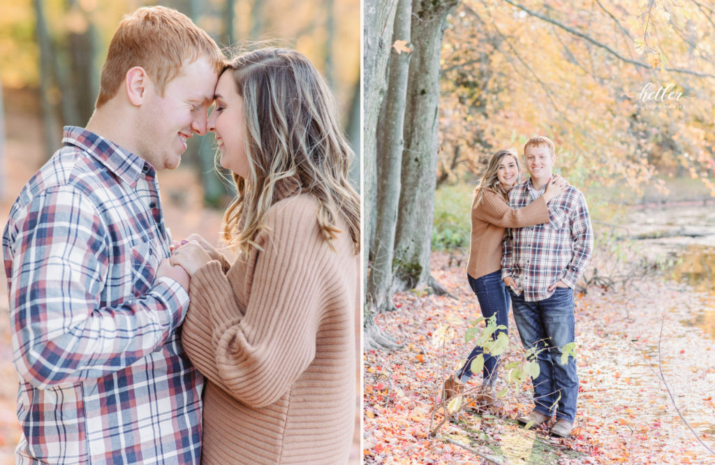 Grand Rapids fall engagement photo session with golden hour light at a lake and country location