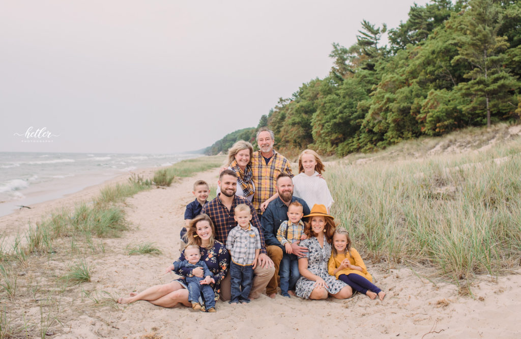 Muskegon extended family beach photo session at PJ Hoffmaster park along Lake Michigan