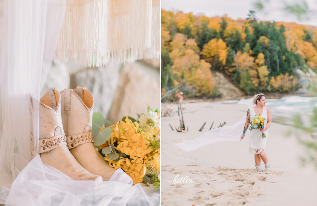 Bride in dress from Idyllwind at Pictured Rocks elopement