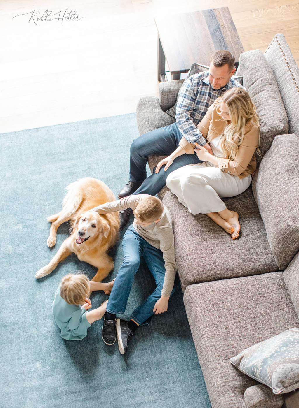 Grand Rapids family session at home with a sweet golden retriever