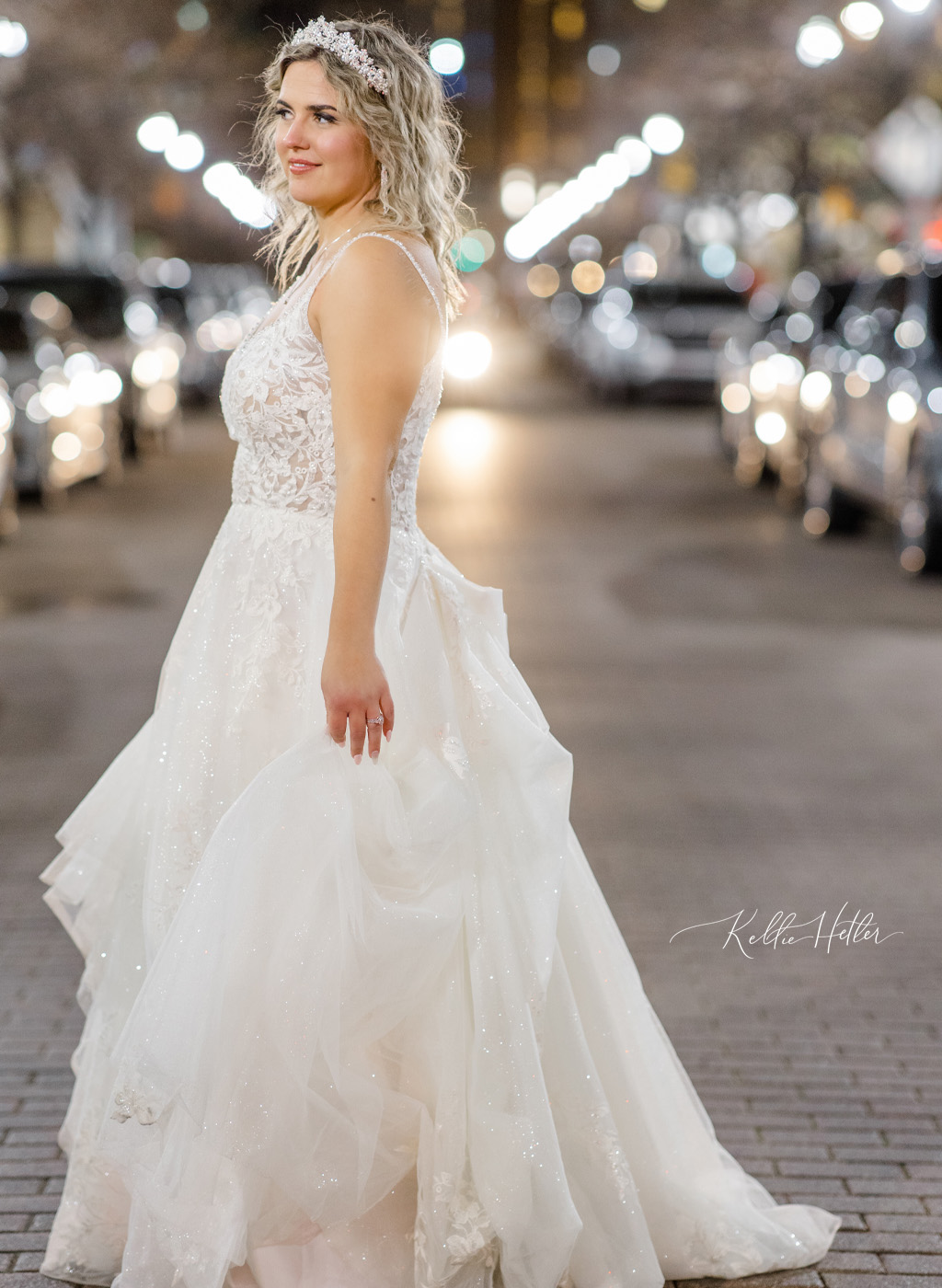downtown bridal portrait at night